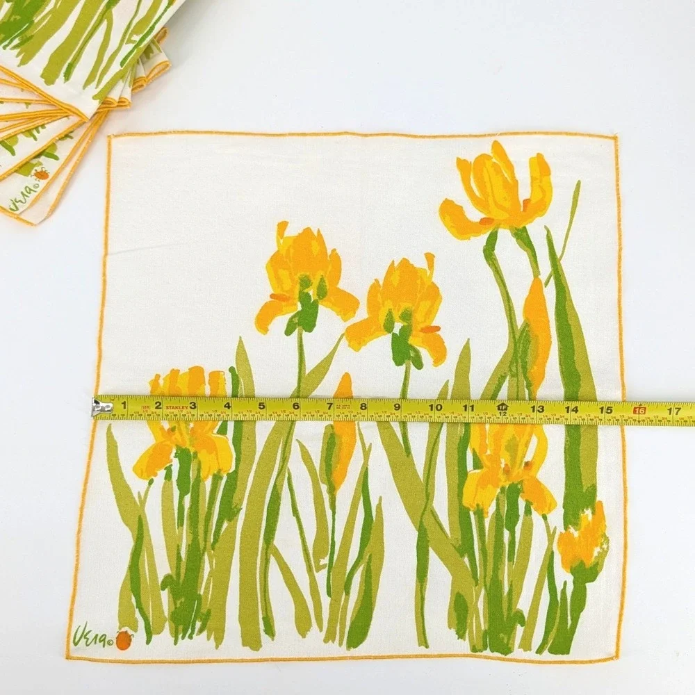 Vera Neumann Vintage Yellow Iris Floral Cloth Napkins Set of 8 Mid Century 16